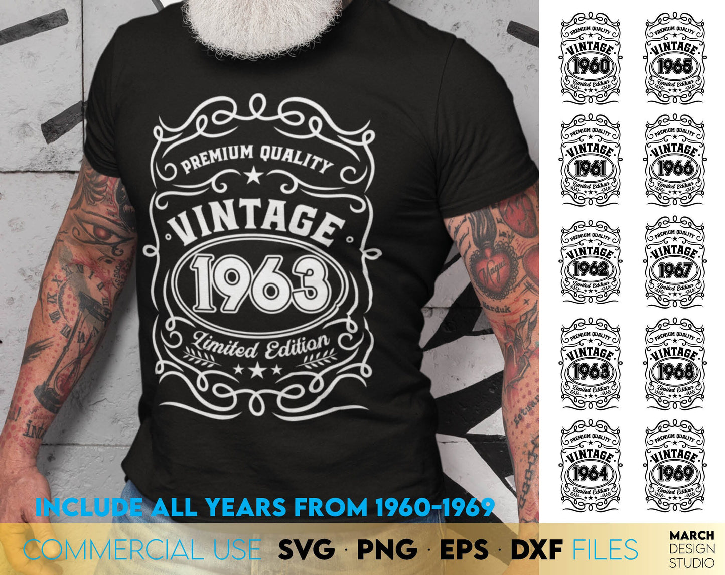 Dad Vintage Birthday Shirt Design Bundle for Years 1960 - 1969. SVG PNG EPS DXF files included. Compatible with Cricut, Silhouette or other equipment. Cut from vinyl, use for sublimation or laser cut / grave projects. Buy now for a good price! Enjoy!