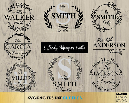 Family Name Monogram frame designs for Your gift projects or home decoration. 
Files allow you to use designs for engraving on glass, making shirts, tumblers with Cricut, Silhouette equipment. Monogram files also easy to use for laser cutting.