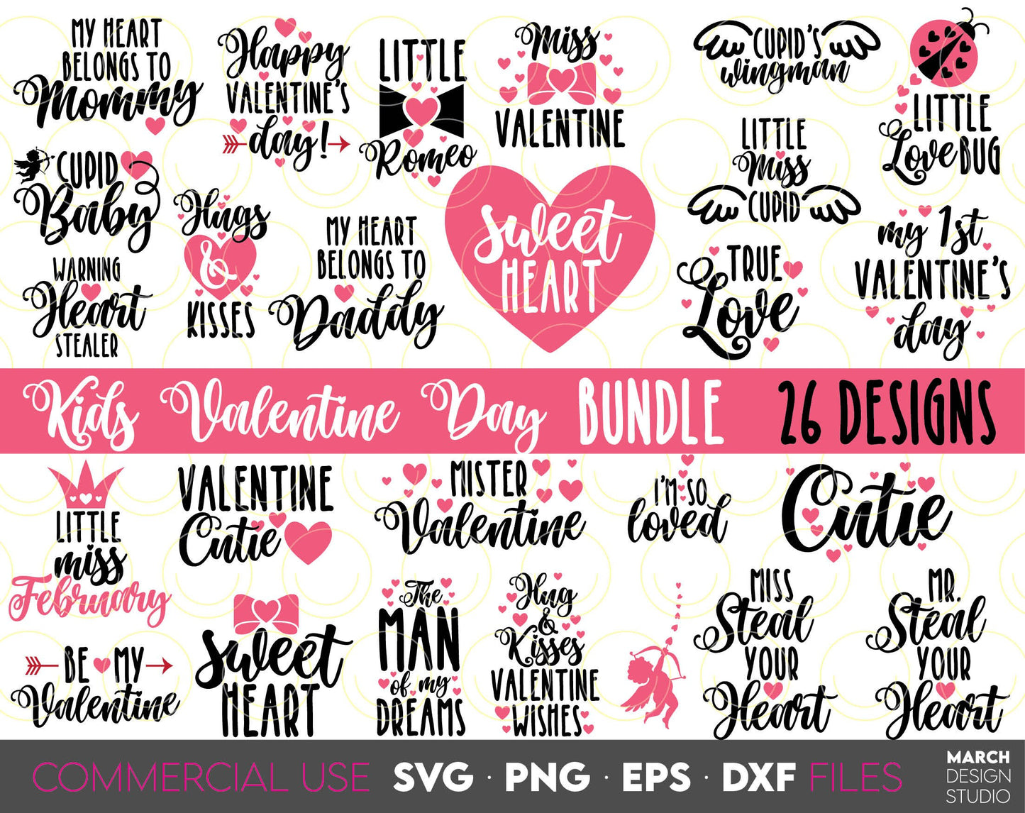 26 designs bundle for Kids Valentine Day. SVG, PNG, EPS and DXF file formats included. Compatible with Cricut, Silhouette and Glowforge machines, usable for cutting from vinyl, sublimation and laser cut projects as well. Buy now for good price!