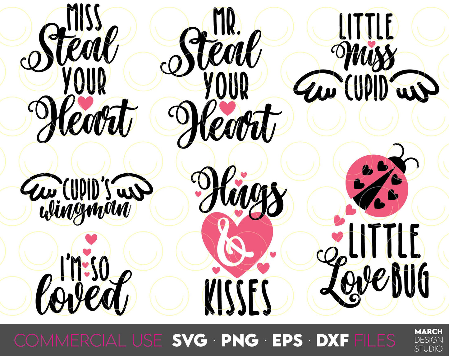 26 designs bundle for Kids Valentine Day. SVG, PNG, EPS and DXF file formats included. Compatible with Cricut, Silhouette and Glowforge machines, usable for cutting from vinyl, sublimation and laser cut projects as well. Buy now for good price!