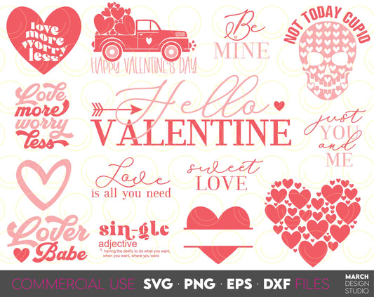 Valentines Day Hearts, truck and quotes and other for Yours Valentines Day projects. Use for cutting form vinyl, sublimation. SVG, PNG, DXF, EPS files included. Compatible with Cricut, Silhouette, Glowforge and other equipment. Buy now and enjoy!