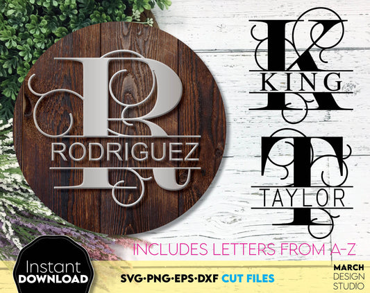 Family name split letters monogram design for Your gift projects or home decoration. Files allow you to use designs for engraving on glass, making shirts, tumblers with Cricut, Silhouette equipment. Files also designed use for laser cutting.