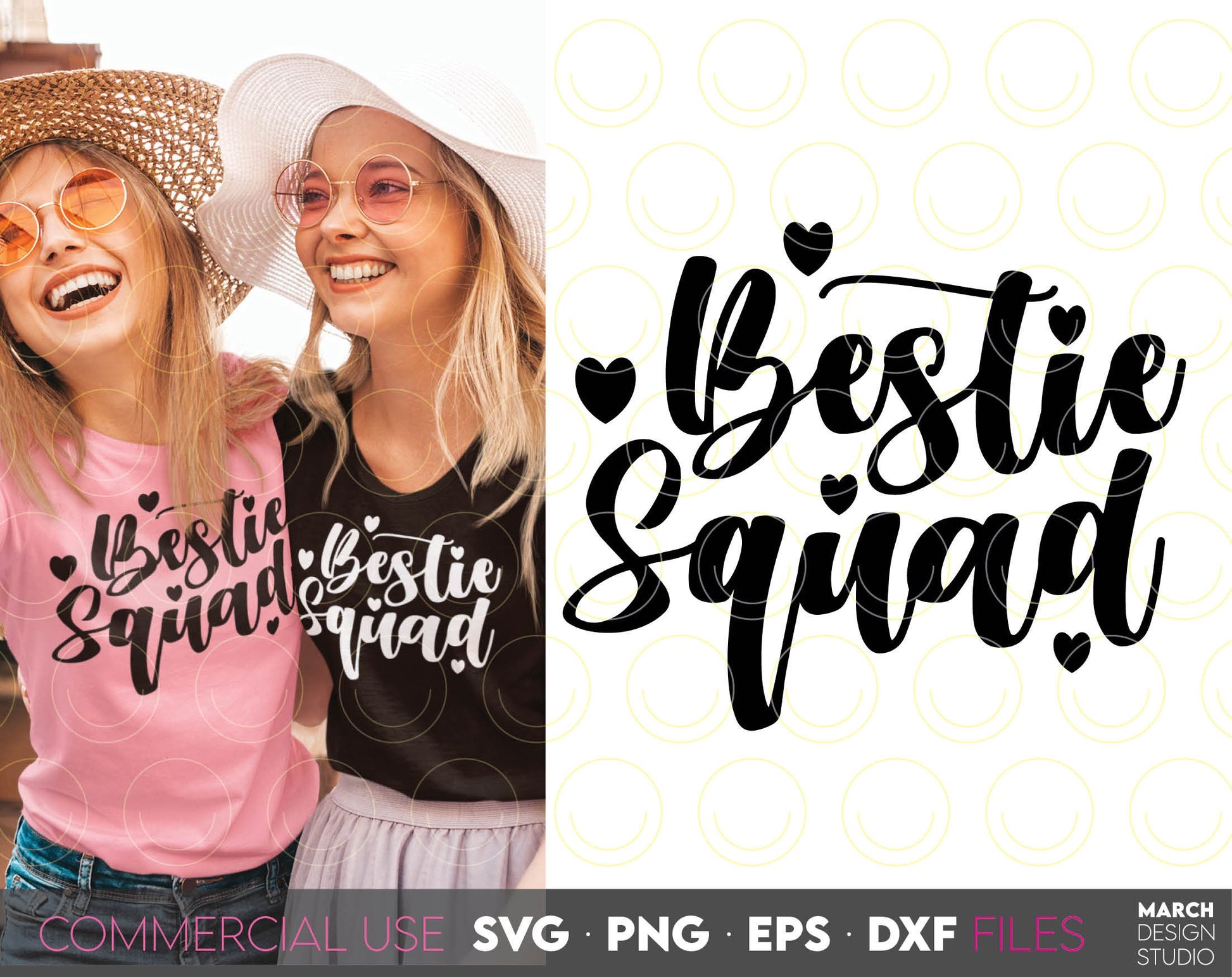 Bestie Squad shirt design for Your Besties party, summer trip etc. SVG PNG EPS DXF files included. Compatible with Cricut, Silhouette or other equipment. Cut from vinyl, use for sublimation or laser cut or grave projects. Buy now for a good price!