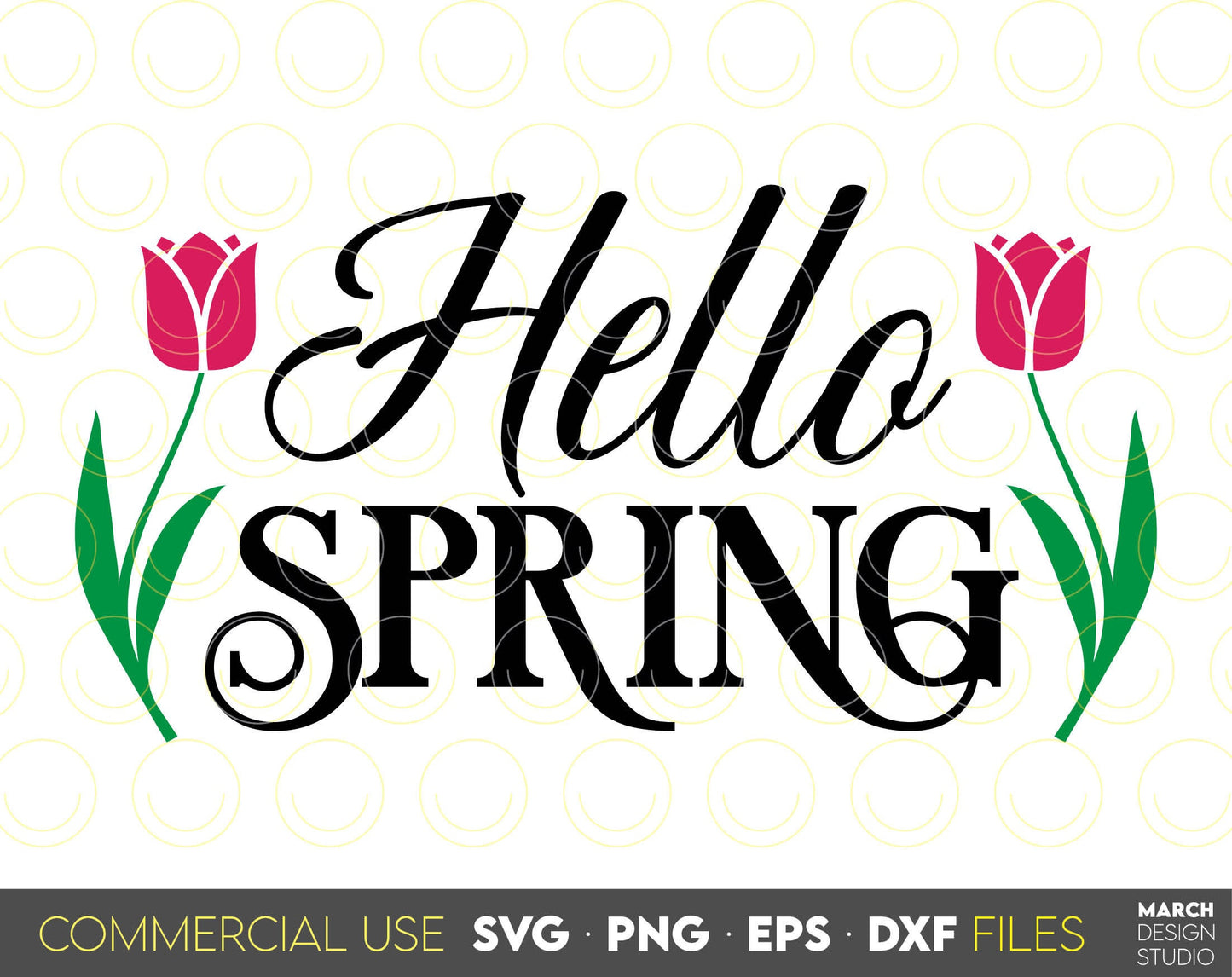 Hello Spring design with tulip silhouette on it. SVG, PNG, EPS, DXF files included. Cut from vinyl, use for sublimation or laser cut/ grave projects. Compatible with Cricut, Silhouette or other machines. Buy now for a good price and enjoy!