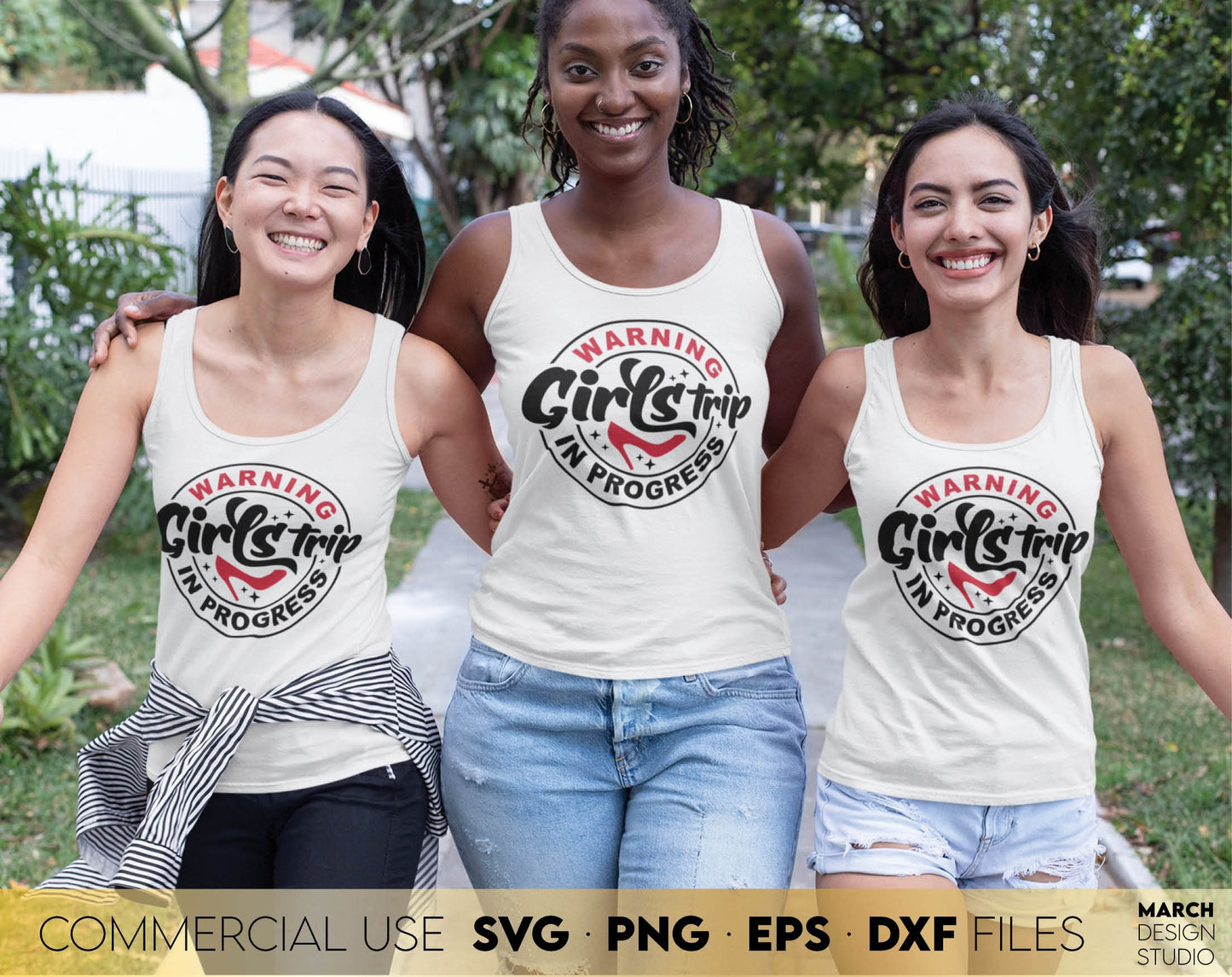 Girls Trip design with text Warning Girl trip in progress. SVG, PNG, JPG, EPS and DXF files included. Compatible with Cricut, Silhouette and others machines. Use for sublimation or laser cut projects as well. Buy now for a good price. Enjoy!