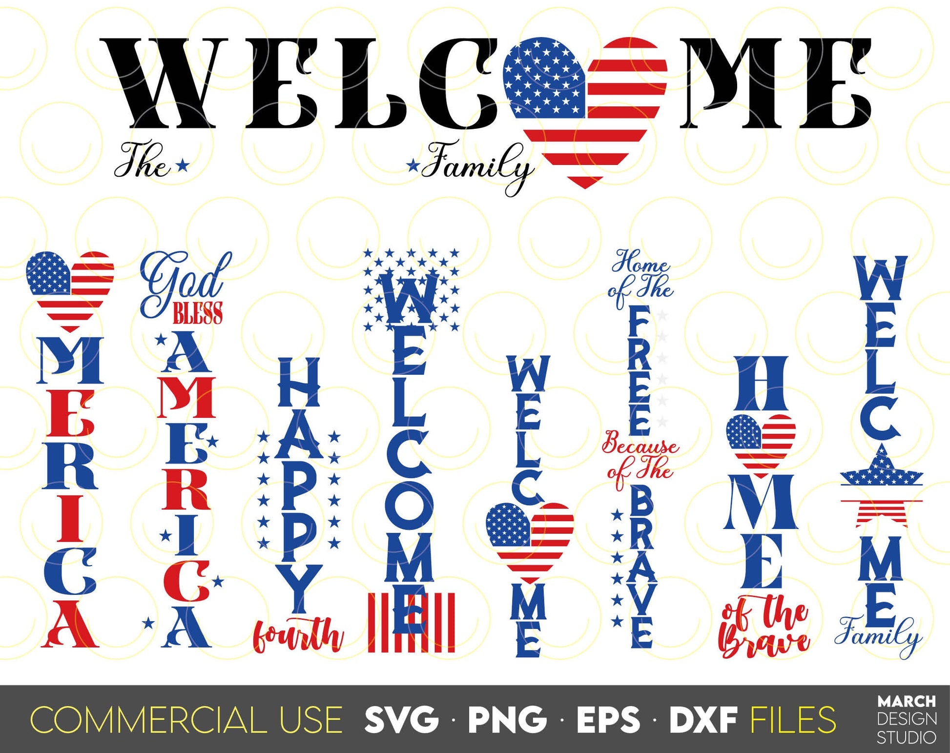 Patriotic Farmhouse and front porch vertical and horizontal welcome signs bundle. SVG, PNG, EPS and DXF files included. Compatible with Cricut, Silhouette and others machines. Use for sublimation or laser cut projects as well. Buy now and Enjoy!