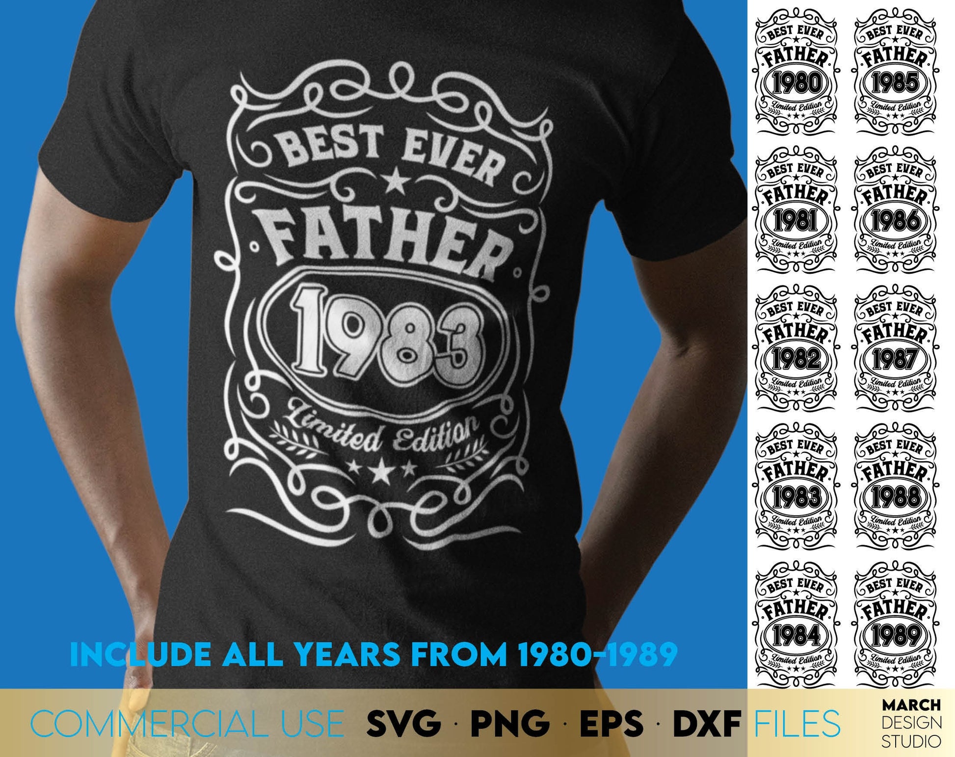 Dad birthday shirts bundle for best dad ever. SVG, PNG, EPS, DXF files included. Years from 1980 - 1989 included. Cut from vinyl, use for sublimation or laser cut / grave projects. Compatible with Cricut, Silhouette or other equipment. Buy now!