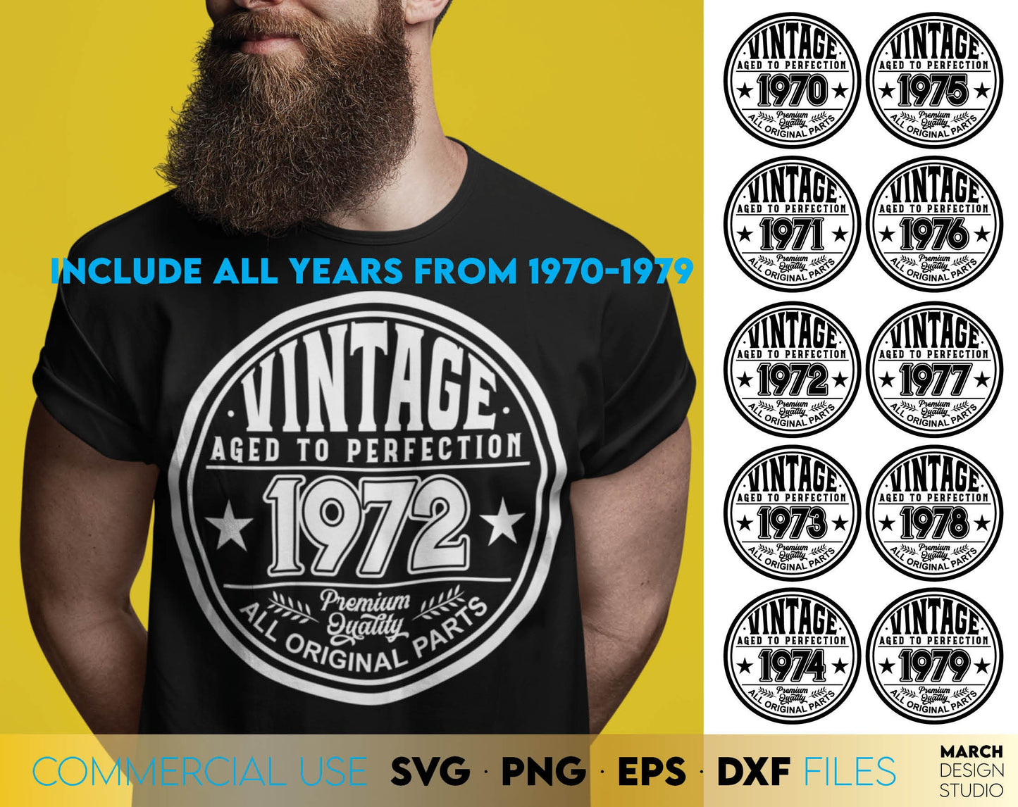 Dad aged to perfection vintage designs bundle. Include years from 1970 - 1979. Use for cutting form vinyl, sublimation or laser cut projects. SVG, PNG, DXF, EPS files included. Compatible with Cricut, Silhouette, Glowforge equipment. Buy and enjoy!