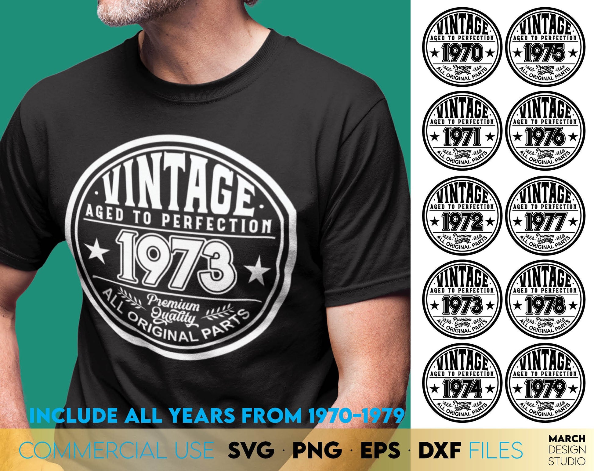 Dad aged to perfection vintage designs bundle. Include years from 1970 - 1979. Use for cutting form vinyl, sublimation or laser cut projects. SVG, PNG, DXF, EPS files included. Compatible with Cricut, Silhouette, Glowforge equipment. Buy and enjoy!