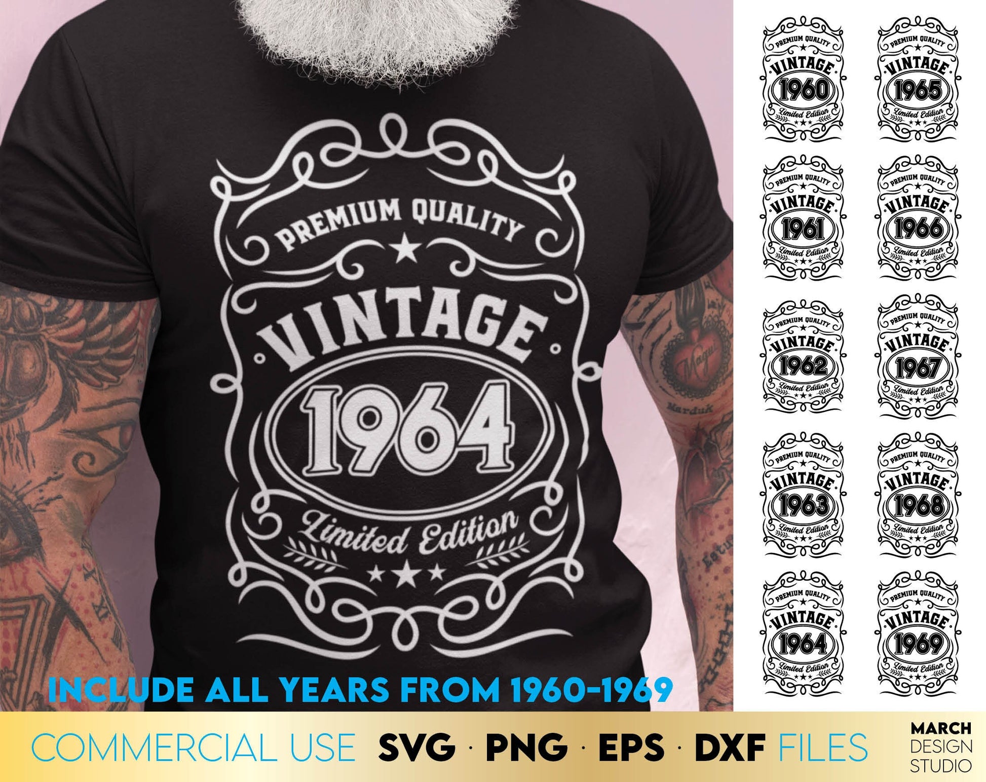 Dad Vintage Birthday Shirt Design Bundle for Years 1960 - 1969. SVG PNG EPS DXF files included. Compatible with Cricut, Silhouette or other equipment. Cut from vinyl, use for sublimation or laser cut / grave projects. Buy now for a good price! Enjoy!