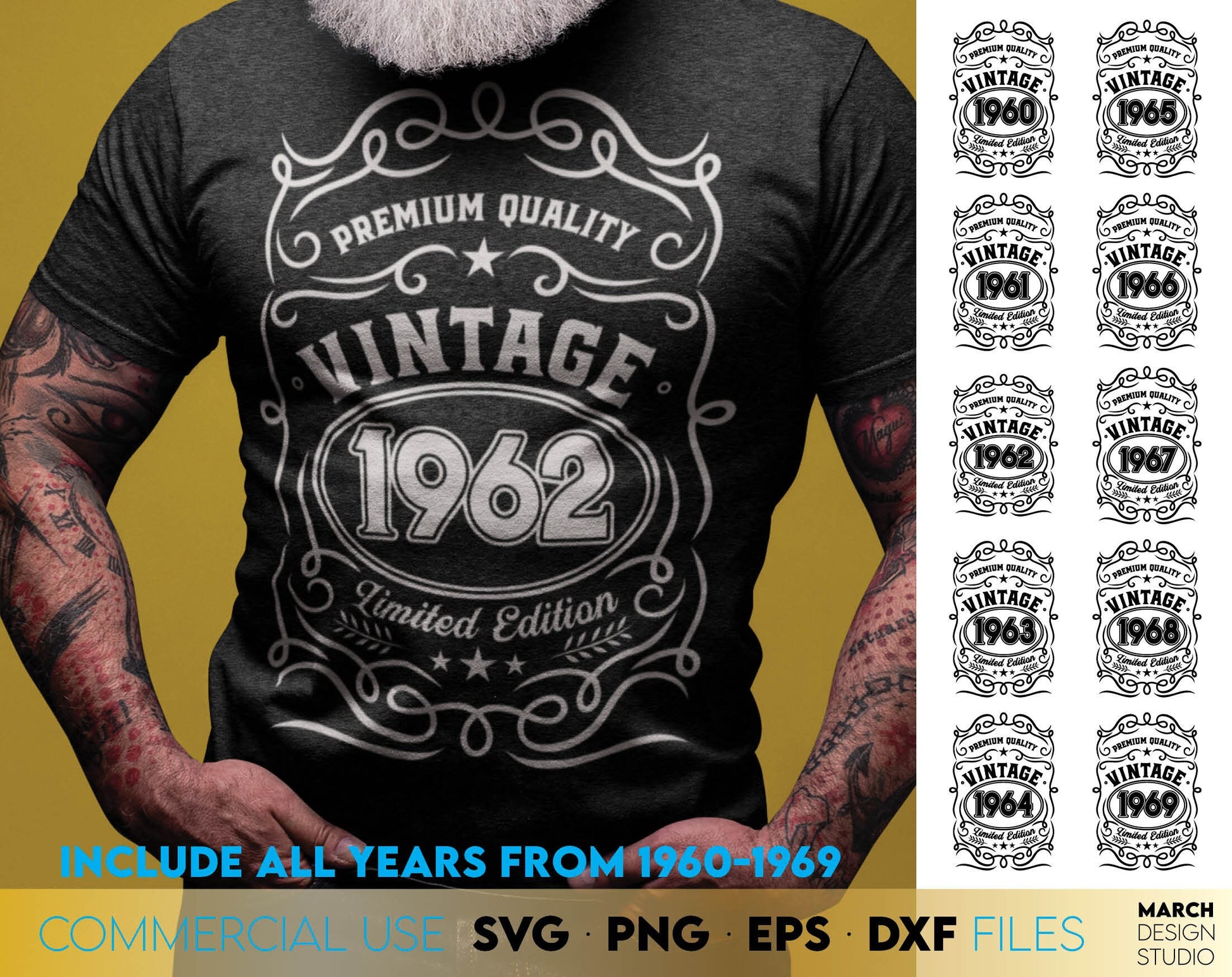 Dad Vintage Birthday Shirt Design Bundle for Years 1960 - 1969. SVG PNG EPS DXF files included. Compatible with Cricut, Silhouette or other equipment. Cut from vinyl, use for sublimation or laser cut / grave projects. Buy now for a good price! Enjoy!