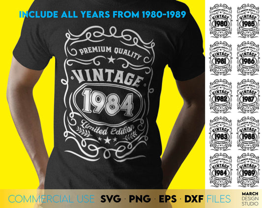 Vintage Dad birthday shirts bundle with years 80 - 89. SVG, PNG, EPS and DXF files included. Cut from vinyl, use for sublimation or laser cut projects. Compatible with Cricut, Silhouette or other machines. Buy now for a good price and enjoy!