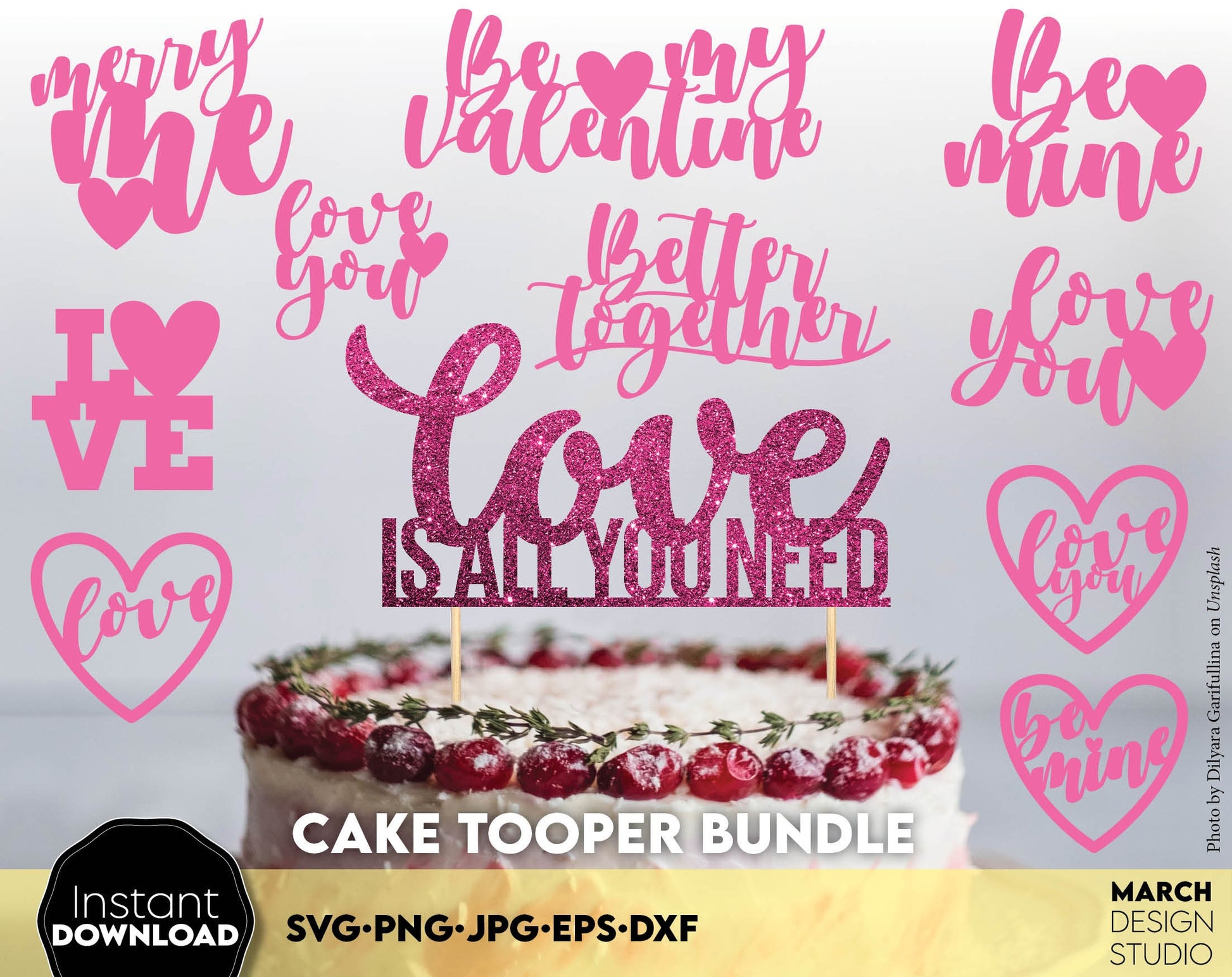 Valentines Day cake topper bundle. SVG, PNG, JPG, EPS and DXF files included. Compatible with Cricut, Silhouette and Glowforge equipment. Cut from vinyl, use for sublimation or laser cut projects. Buy now for a good price and enjoy!