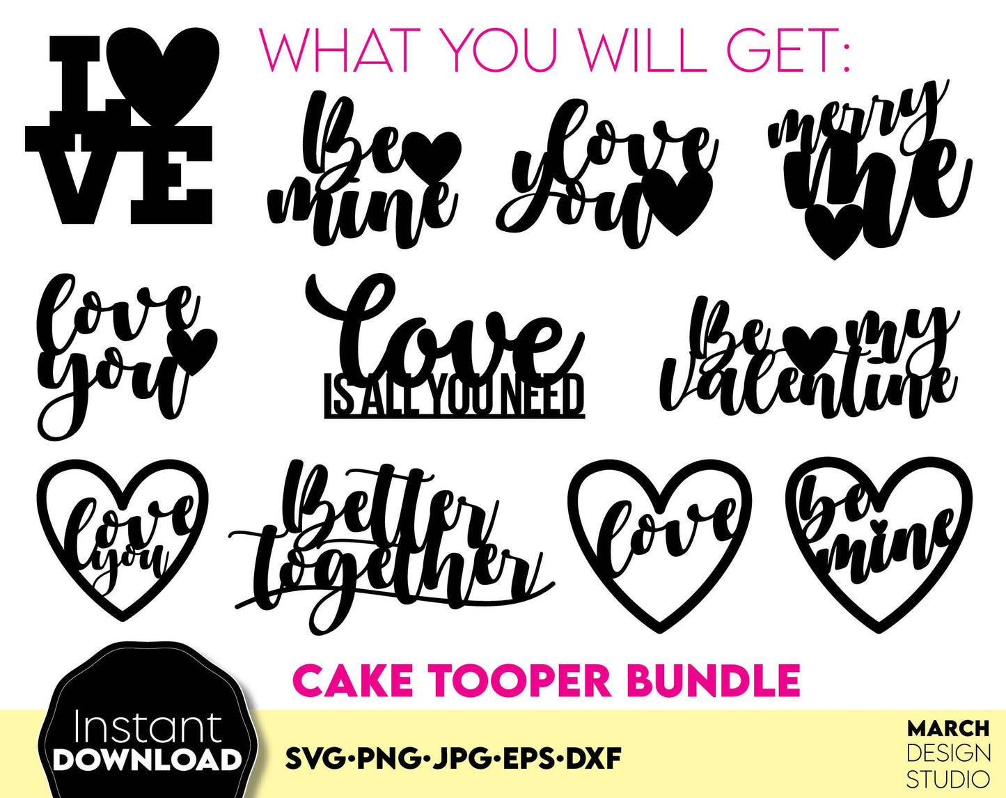 Valentines Day cake topper bundle. SVG, PNG, JPG, EPS and DXF files included. Compatible with Cricut, Silhouette and Glowforge equipment. Cut from vinyl, use for sublimation or laser cut projects. Buy now for a good price and enjoy!v