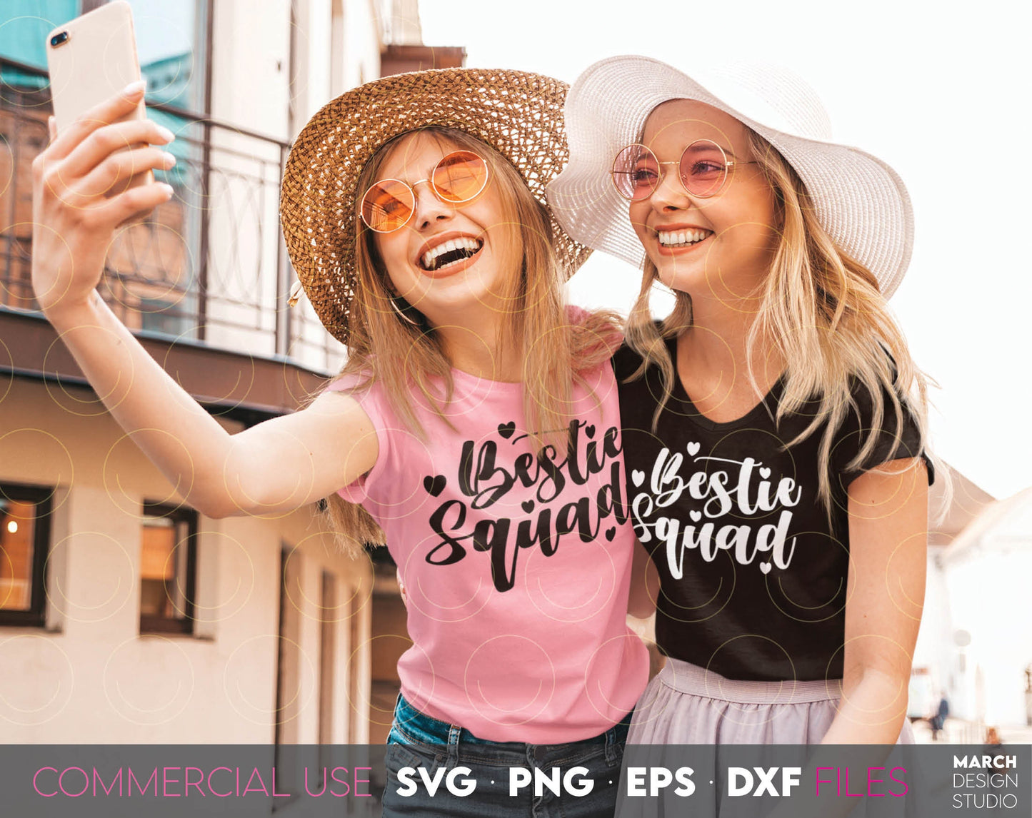 Bestie Squad shirt design for Your Besties party, summer trip etc. SVG PNG EPS DXF files included. Compatible with Cricut, Silhouette or other equipment. Cut from vinyl, use for sublimation or laser cut or grave projects. Buy now for a good price!