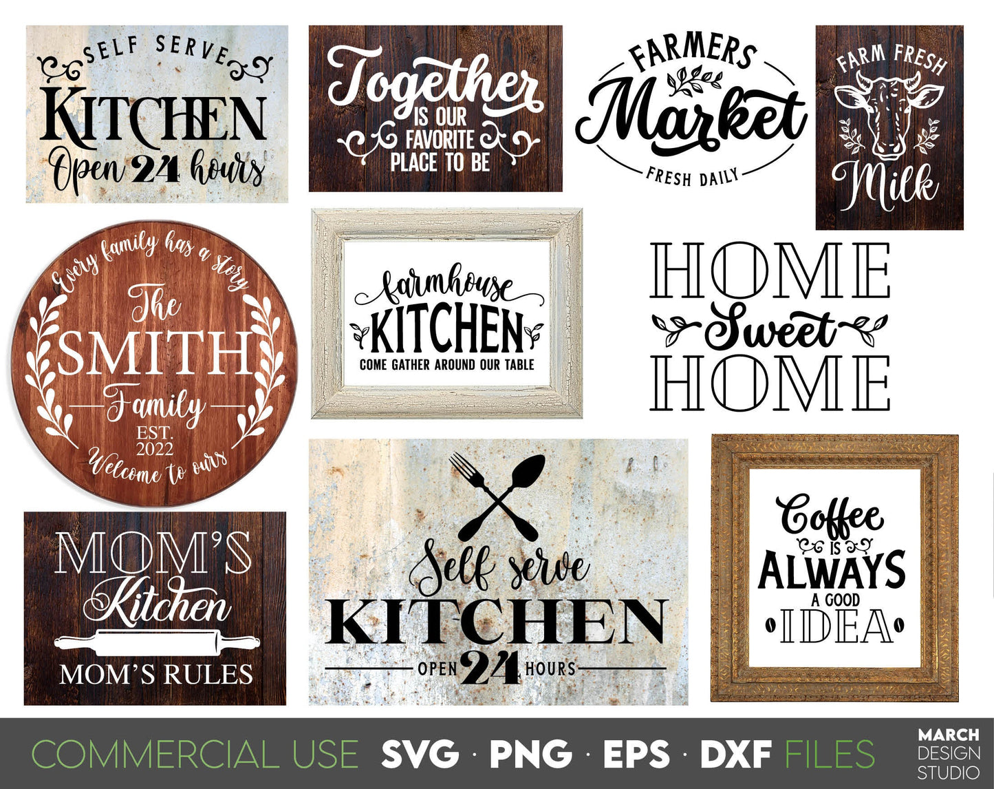 Farmhouse Kitchen designs bundle for Your Farmhouse decorations for kitchen, for porch, Easter market and other. SVG PNG EPS DXF files included. Compatible with Cricut, Silhouette, Glowforge or sublimation printers. Buy now for a good price and fun!