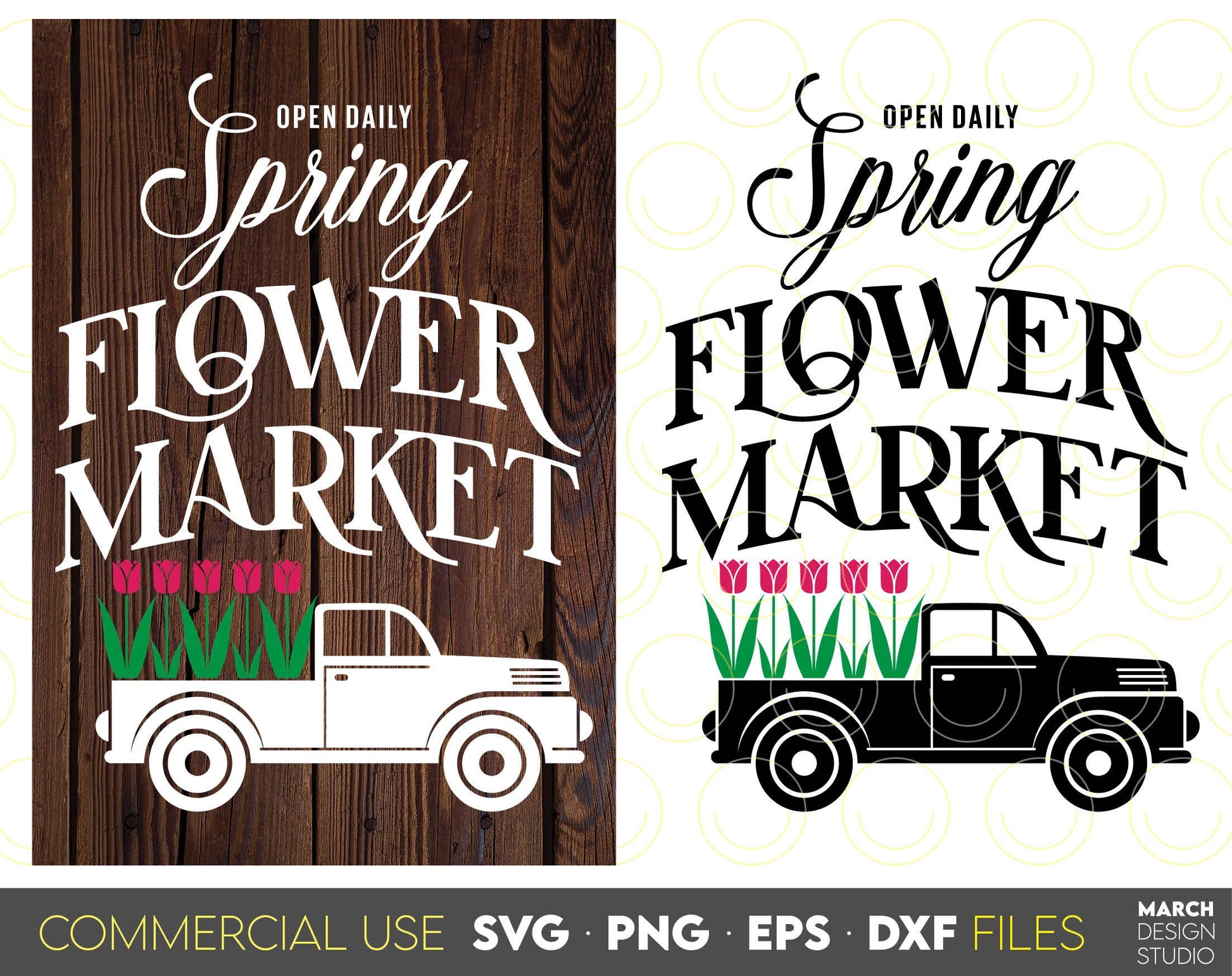 Cute spring flower market open daily sign with vintage car with tulips for Your Easter or Spring farmhouse flower market. SVG, PNG, EPS, DXF files included. Cut from vinyl, use for sublimation or laser cut or grave projects. 
Buy now for a good price