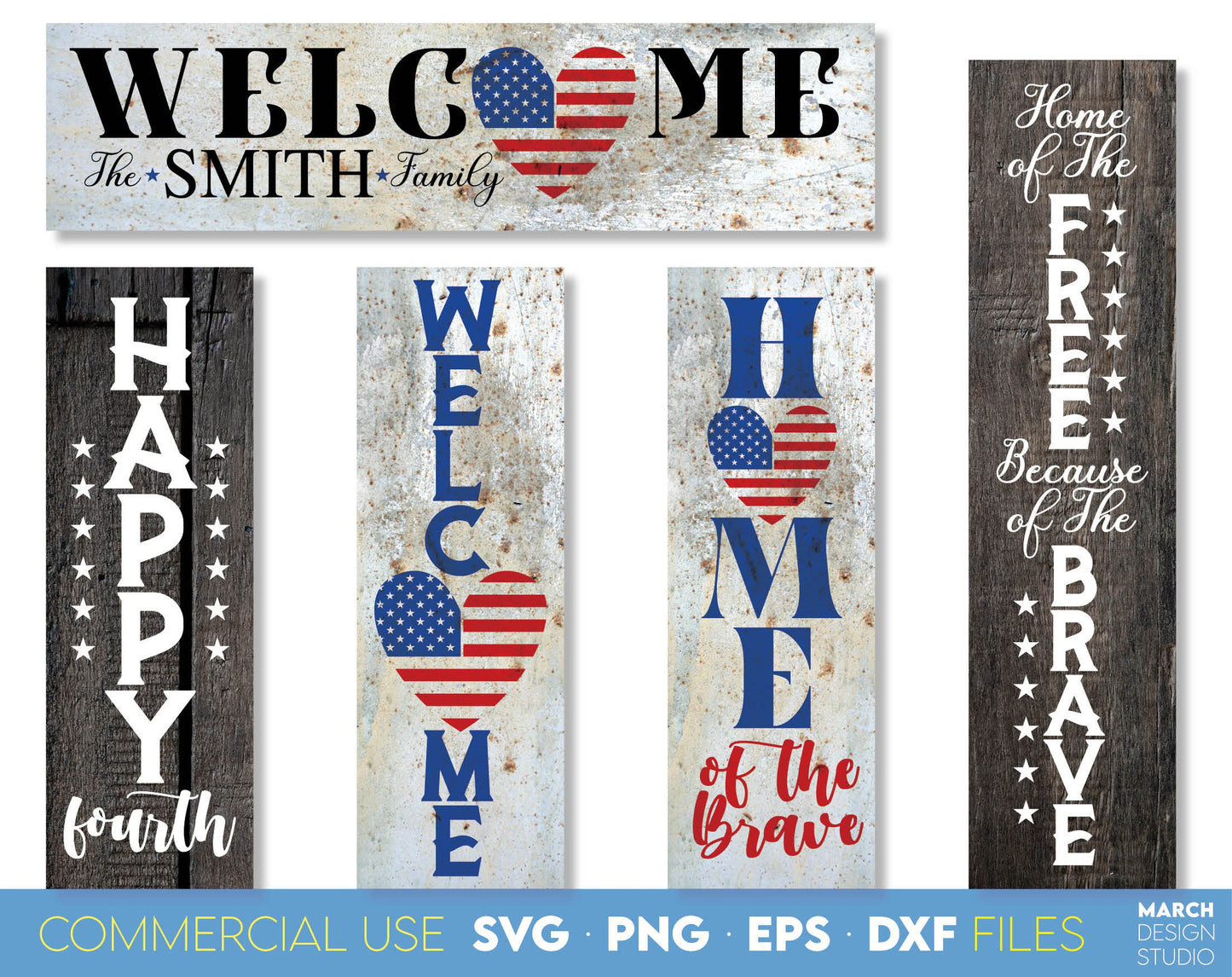 Patriotic Farmhouse front porch vertical and horizontal welcome signs bundle. SVG, PNG, EPS and DXF files included. Compatible with Cricut, Silhouette and others machines. Use for sublimation or laser cut projects as well. Buy now and Enjoy!