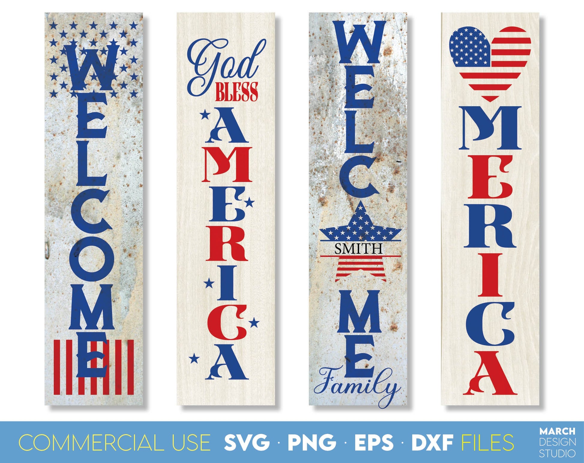 Patriotic Farmhouse and front porch vertical and horizontal welcome signs bundle. SVG, PNG, EPS and DXF files included. Compatible with Cricut, Silhouette and others machines. Use for sublimation or laser cut projects as well. Buy now and Enjoy!