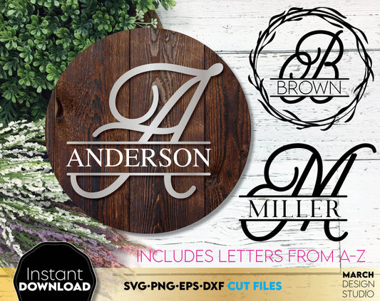 Split Monogram fonts design You can use to surprise your loved ones. Circle monogram files can use to make gifts for various important events, like - Christmas, Birthdays, Weddings, etc. use with Cricut, Silhouette, Glowforge, or other equipment.