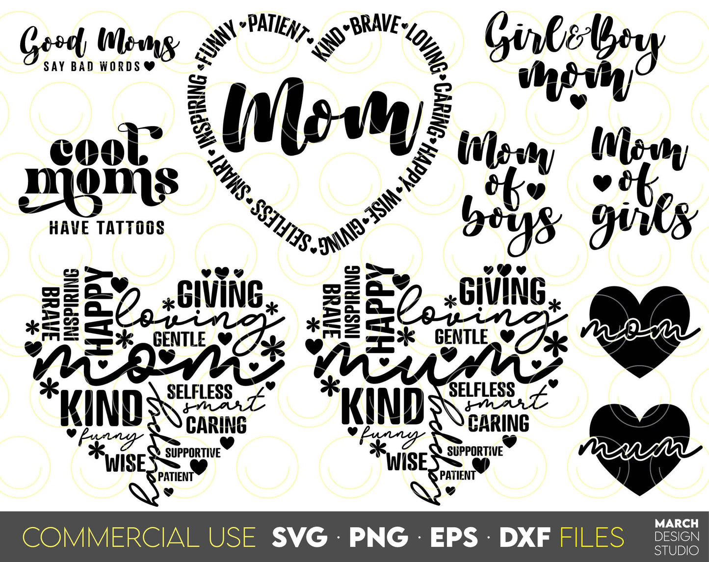 Mom designs bundle for mom birthday or mother day gift ideas. SVG, PNG, EPS, DXF files included. Cut from vinyl, or use for sublimation or laser cut/ grave projects. Compatible with Cricut, Silhouette or other machines. Buy now for a good price!