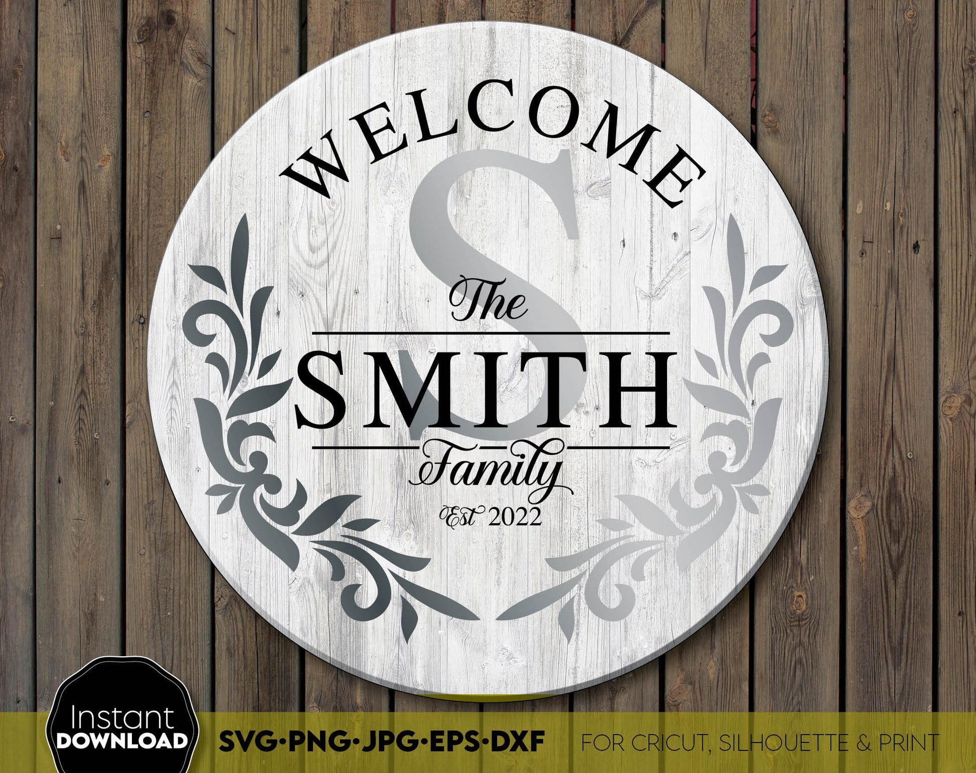 Round Family Name Monogram Sign with Split letters. SVG PNG JPG EPS DXF files included. Cut from vinyl, use for sublimation or laser cut projects. Compatible with Cricut, Silhouette or other machines. Buy now for a good price and enjoy!