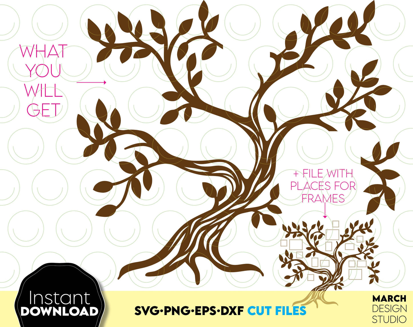 Family tree silhouette for Your home decoration with family photo. 
SVG, DXF, EPS, PNG files included. 
Buy now and enjoy!