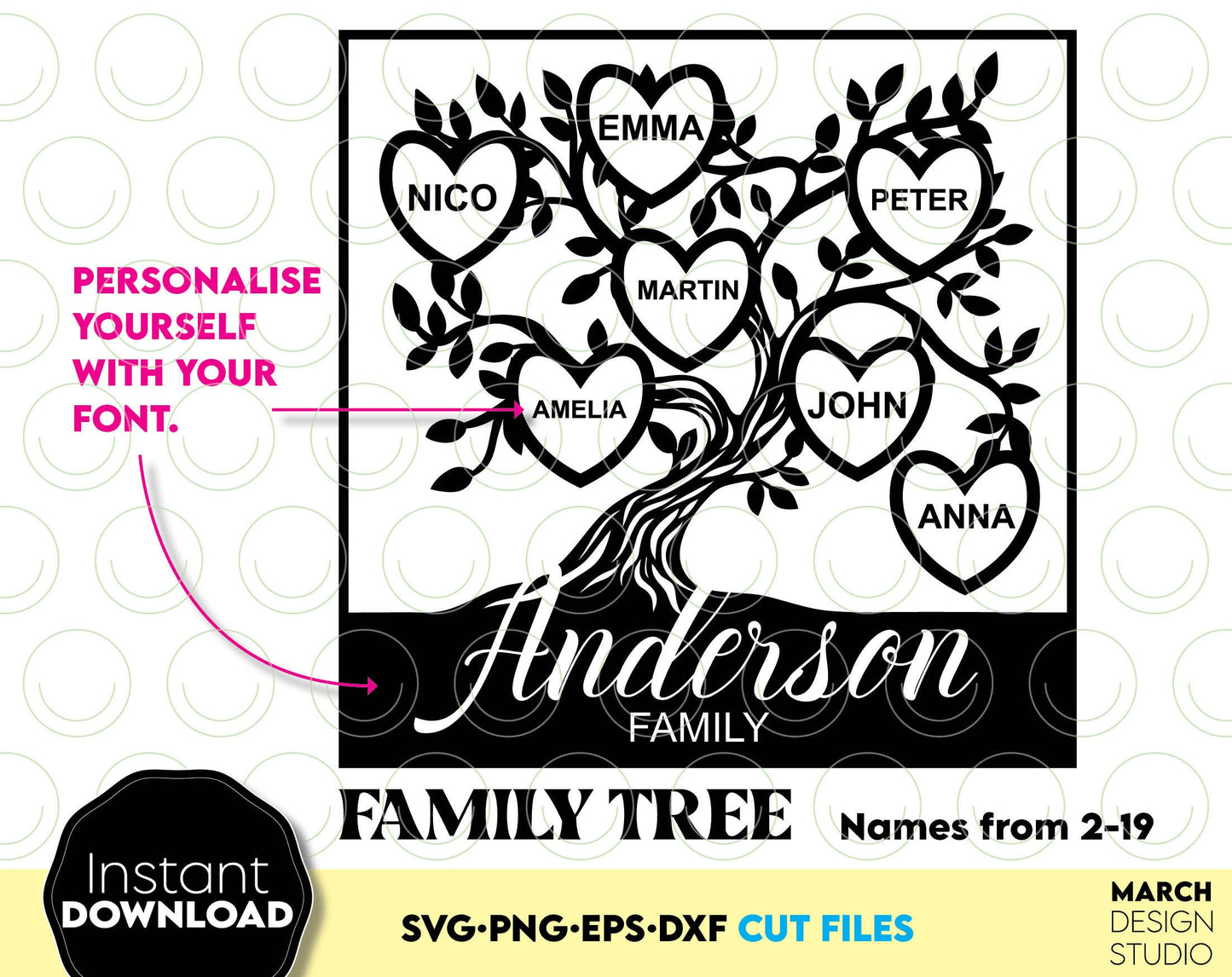 Family Reunion tree of life from 2 to 19 hearts for members names. SVG PNG EPS DXF files included. Compatible with Cricut, silhouette or other equipment. Cut from vinyl, use for sublimation or laser cut or grave projects. Buy now for a good price!