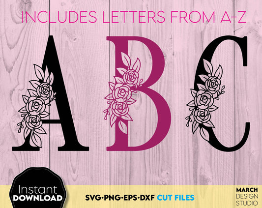 Floral Monogram font SVG design you can use to surprise your loved ones. Just click ADD TO CARD. You can use Floral monogram font to make gifts for various important events, like - Christmas, Birthdays, Weddings, etc. Compatible with Cricut. Enjoy!