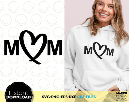 Mom heart design for Your mom shirts design. SVG, PNG, EPS, DXF files included. Compatible with Cricut, Sihouette, Glowfroge or other machines. Cut from vinyl, use for sublimation, or laser cut projects. Buy now for a good price and enjoy!