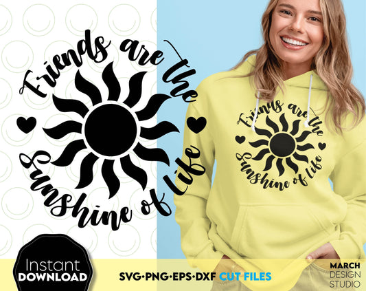 Friends are the sunshine of life. Your summer trip matching shirts design.
SVG DXF PNG PDF files included. Compatible with Cricut, Silhouette or sublimation printers. Cut from vinyl, use for sublimation or laser projects. Buy now for a good price!