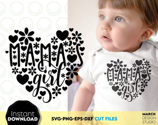 Beautiful Mama Little Girl Shirt Design. Use for cutting form vinyl, sublimation or laser cut projects. SVG, PNG, DXF, EPS files included. Compatible with Cricut, Silhouette, Glowforge and other equipment. Buy now for a good price and enjoy!