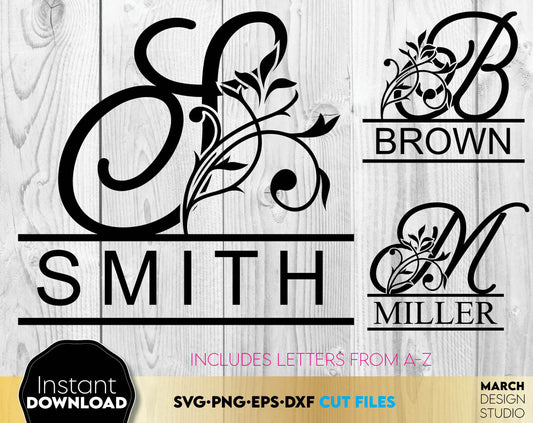 Floral Split Monogram design for surprise your loved ones. You can use monogram files to make gifts for various important events, like - Christmas, Birthdays, Weddings, etc. use with Cricut, Silhouette, Glowforge or other equipment. Buy now and enjoy