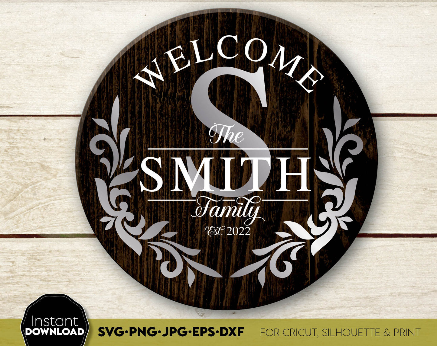 Round Family Name Monogram Sign with Split letters. SVG PNG JPG EPS DXF files included. Cut from vinyl, use for sublimation or laser cut projects. Compatible with Cricut, Silhouette or other machines. Buy now for a good price and enjoy!