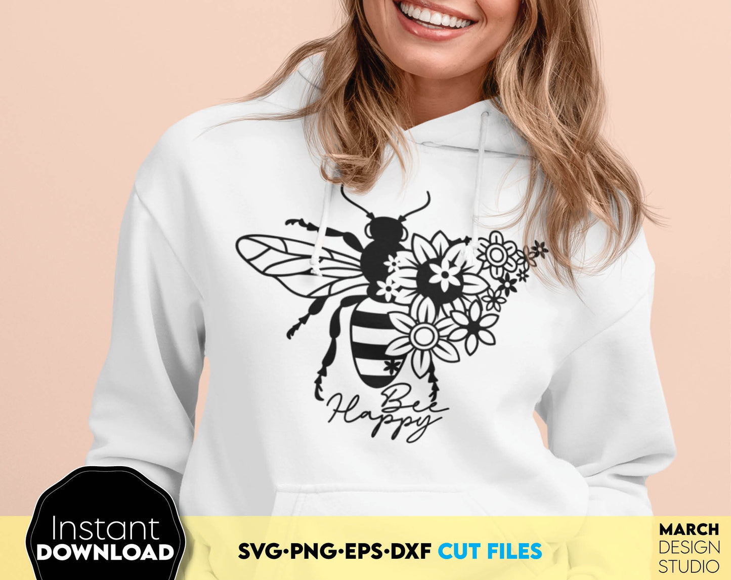 Amazing design with flowered bee. Bee happy design for cutting and sublimation on shirts, tumblers, pillows etc. SVG, PNG, EPS, DXF files included. Cut from vinyl or use for sublimation projects. Compatible with Cricut, Silhouette. Buy now and enjoy!