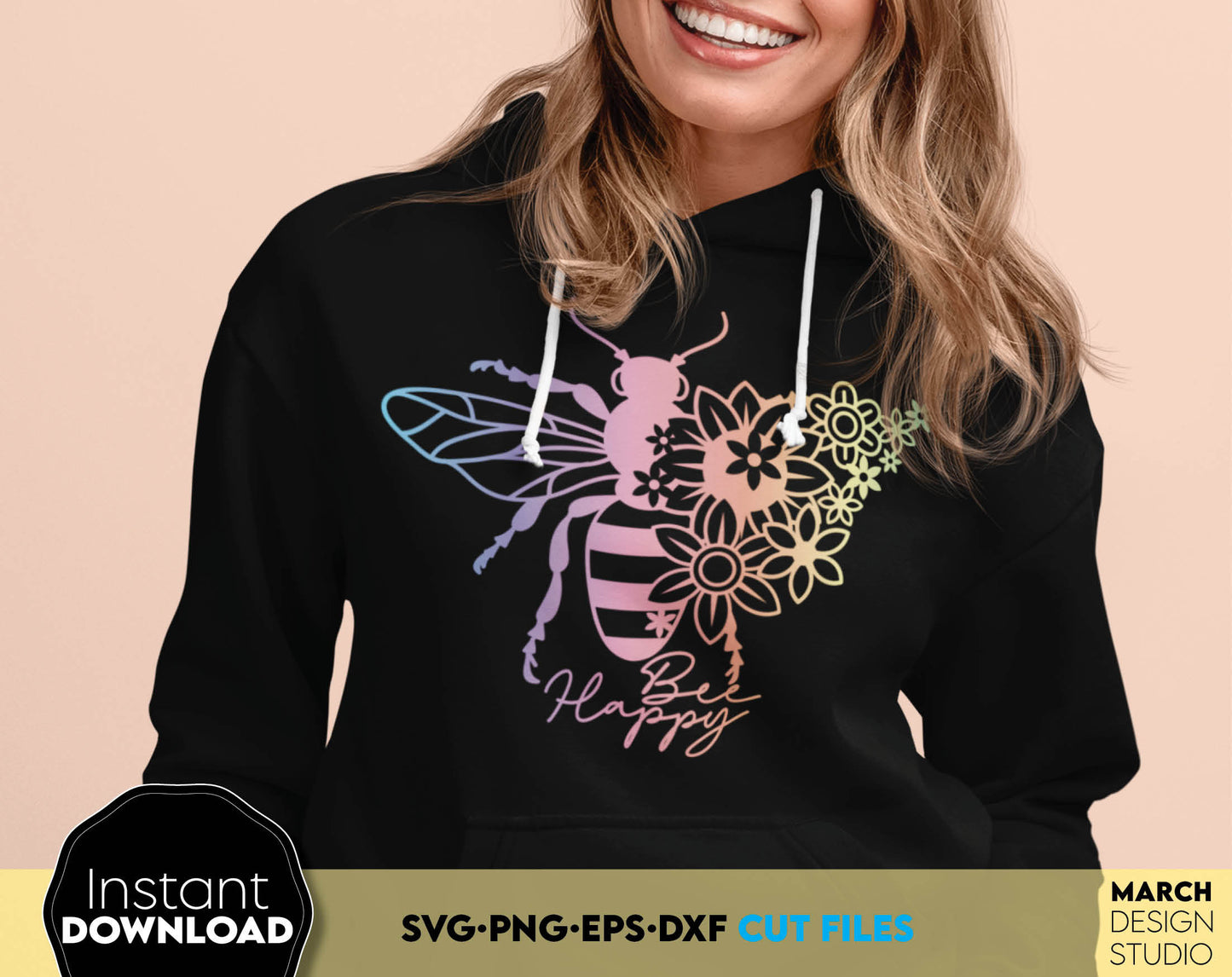 Amazing design with flowered bee. Bee happy design for cutting and sublimation on shirts, tumblers, pillows etc. SVG, PNG, EPS, DXF files included. Cut from vinyl or use for sublimation projects. Compatible with Cricut, Silhouette. Buy now and enjoy!