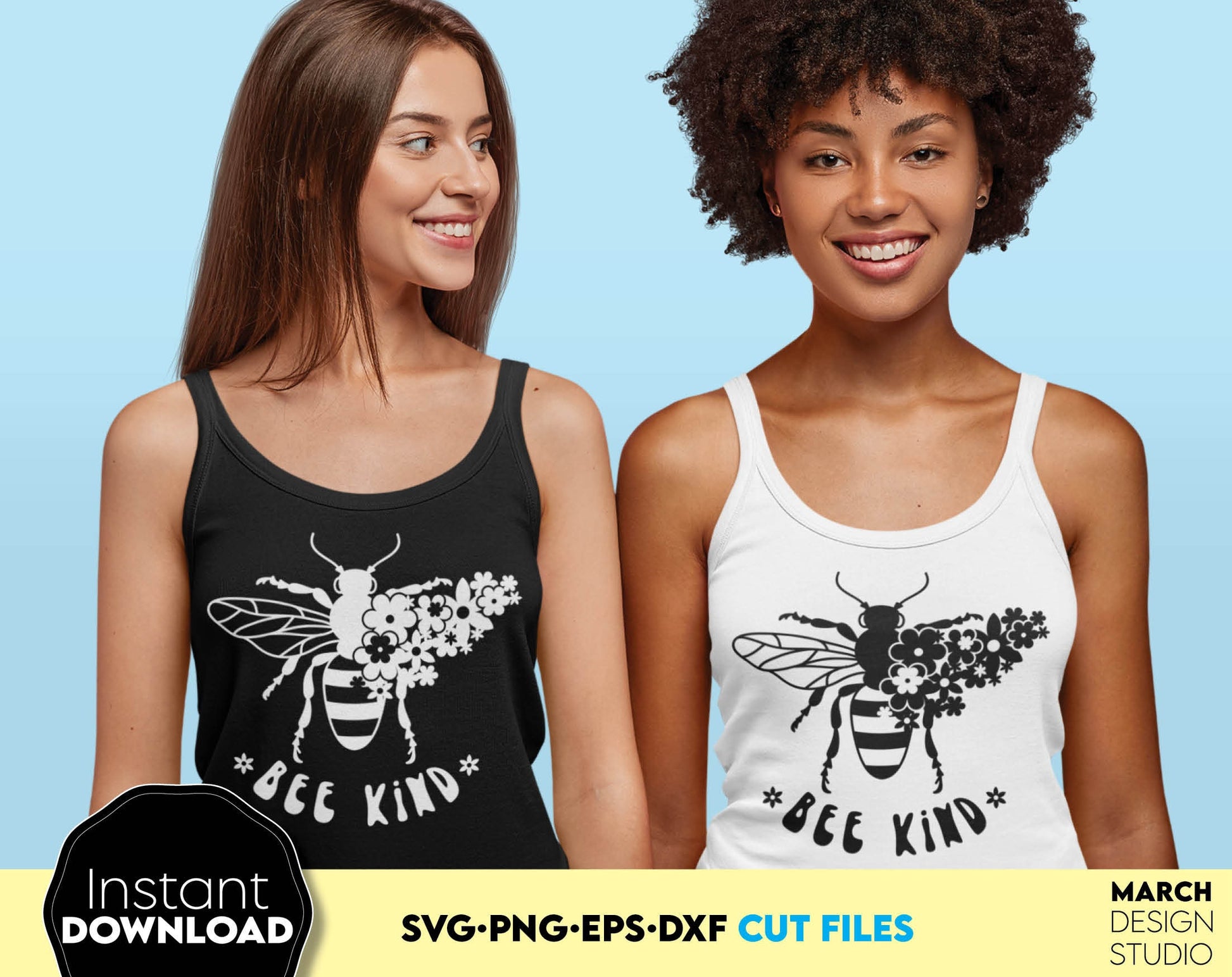 A beautiful design for a shirt featuring a bee wrapped in flowers and the inscription Bee Kind. The SVG, PNG, EPS, DXF file format allows you to put this design on a shirt and can be a great gift for your loved ones. Compatible with Cricut. Buy now!