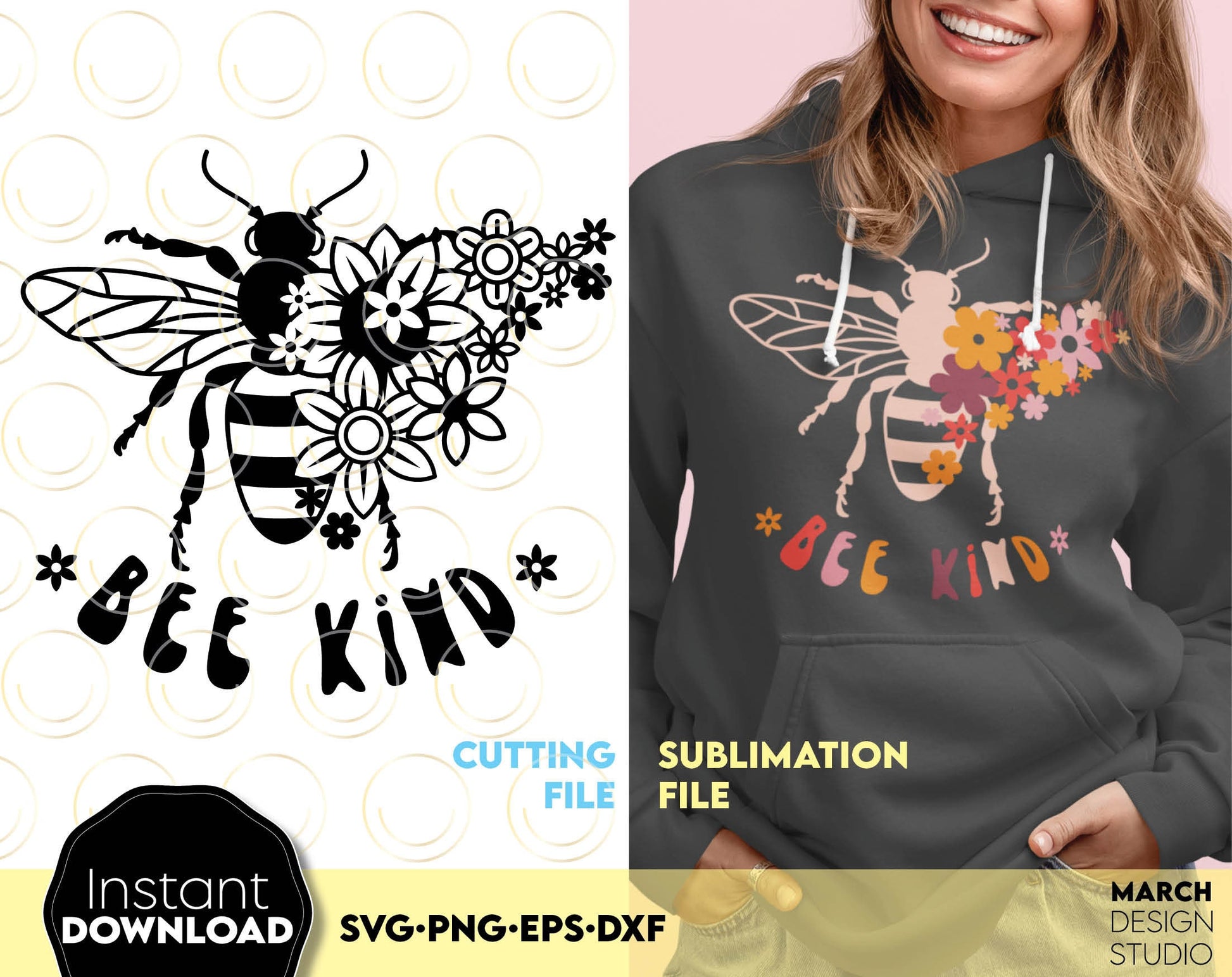 A beautiful design for a shirt featuring a bee wrapped in flowers and the inscription Bee Kind. The SVG, PNG, EPS, DXF file format allows you to put this design on a shirt and can be a great gift for your loved ones. Compatible with Cricut. Buy now!