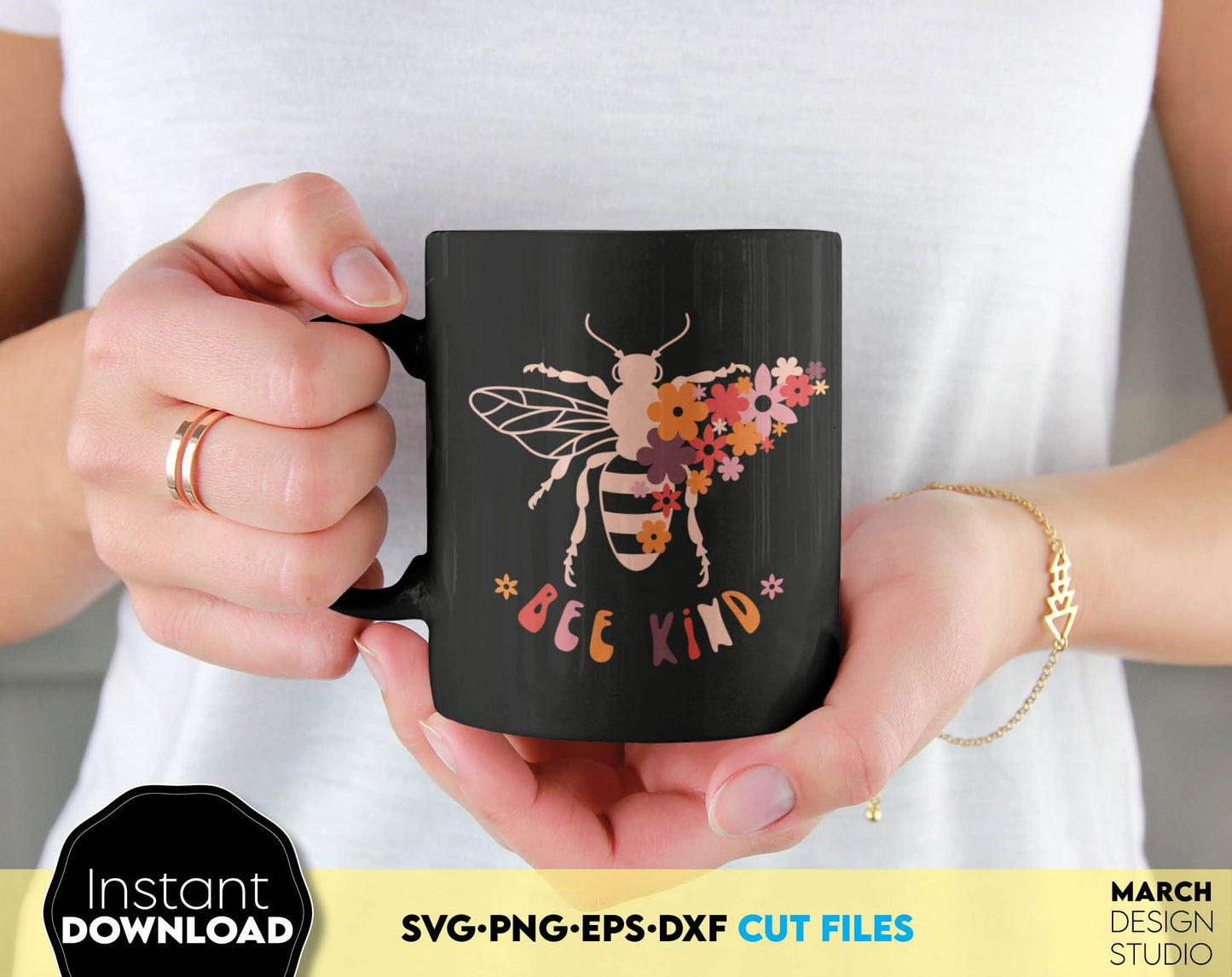 A beautiful design for a shirt featuring a bee wrapped in flowers and the inscription Bee Kind. The SVG, PNG, EPS, DXF file format allows you to put this design on a shirt and can be a great gift for your loved ones. Compatible with Cricut. Buy now!