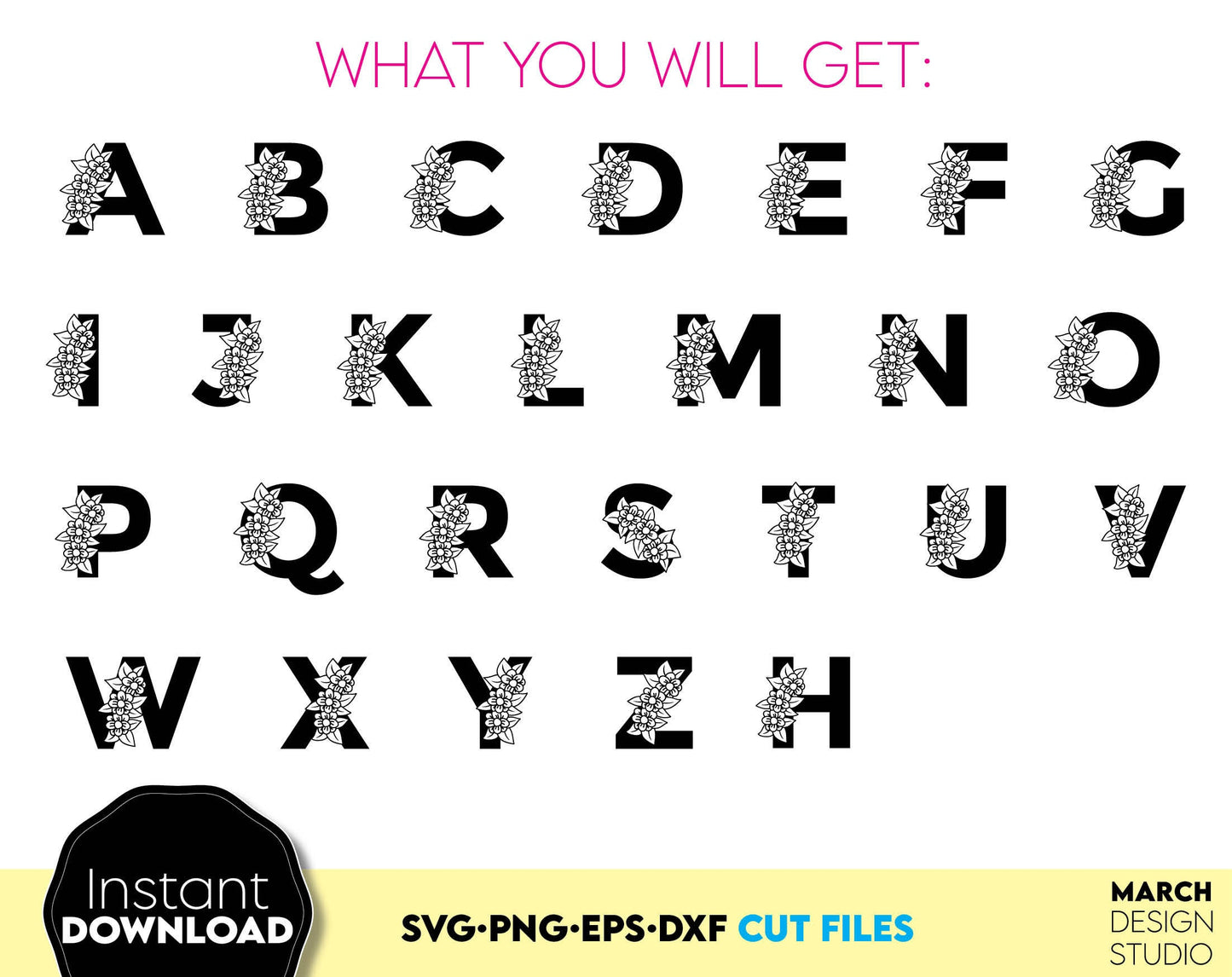 Floral monogram fonts bundle design, you can use them to make gifts for various important events, like - Christmas, Birthdays, Weddings, etc. Use for cutting from vinyl, sublimation or laser cut / grave projects. Compatible with Cricut, Silhouette.