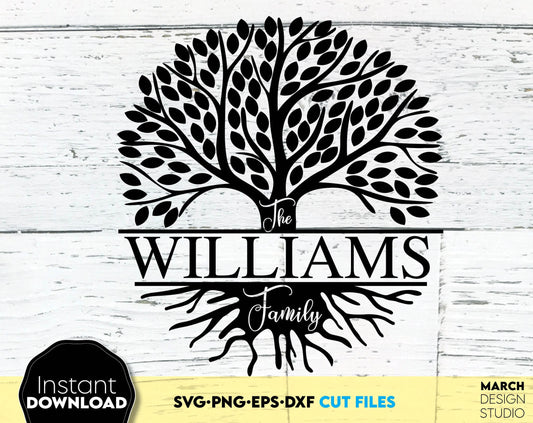 Family tree design with elegant Split monogram to insert first or last name. 5 file formats allow this Family Tree design to be cut from vinyl, engraved on glass or used as a laser cut file. Compatible with Cricut, Silhouette or other machines. Enjoy