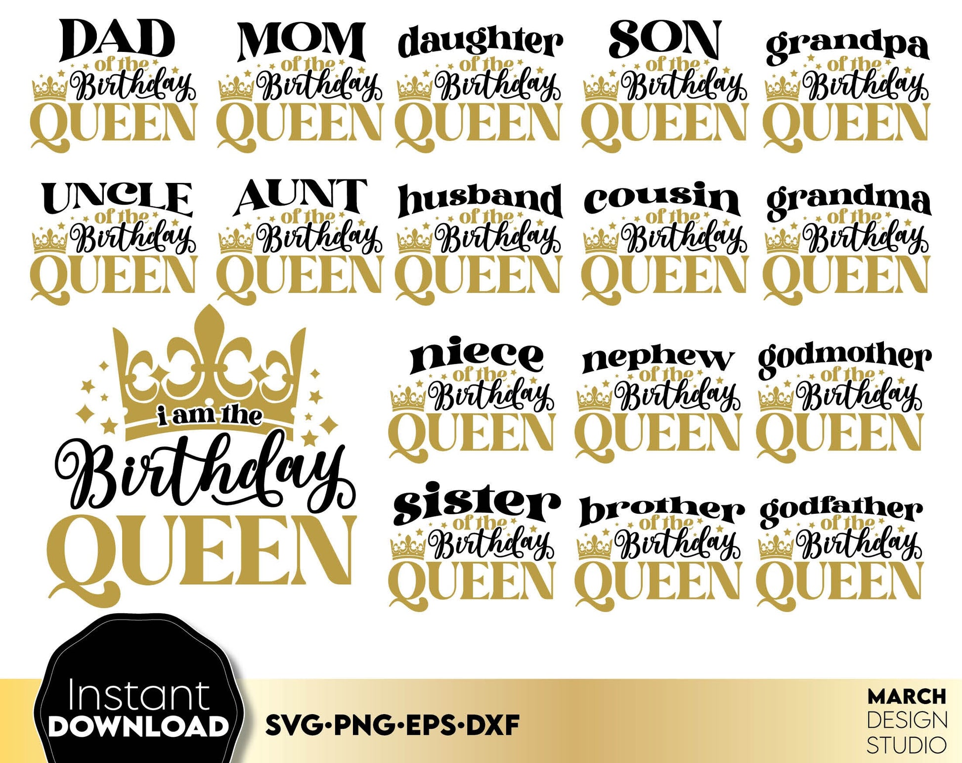Birthday queen and Birthday queen squad family bundle. SVG, PNG, EPS and DXF files included. Use for cutting from vinyl, sublimation or laser cut projects. Compatible with Cricut, Silhouette or other machines. Buy now for a good price and enjoy!