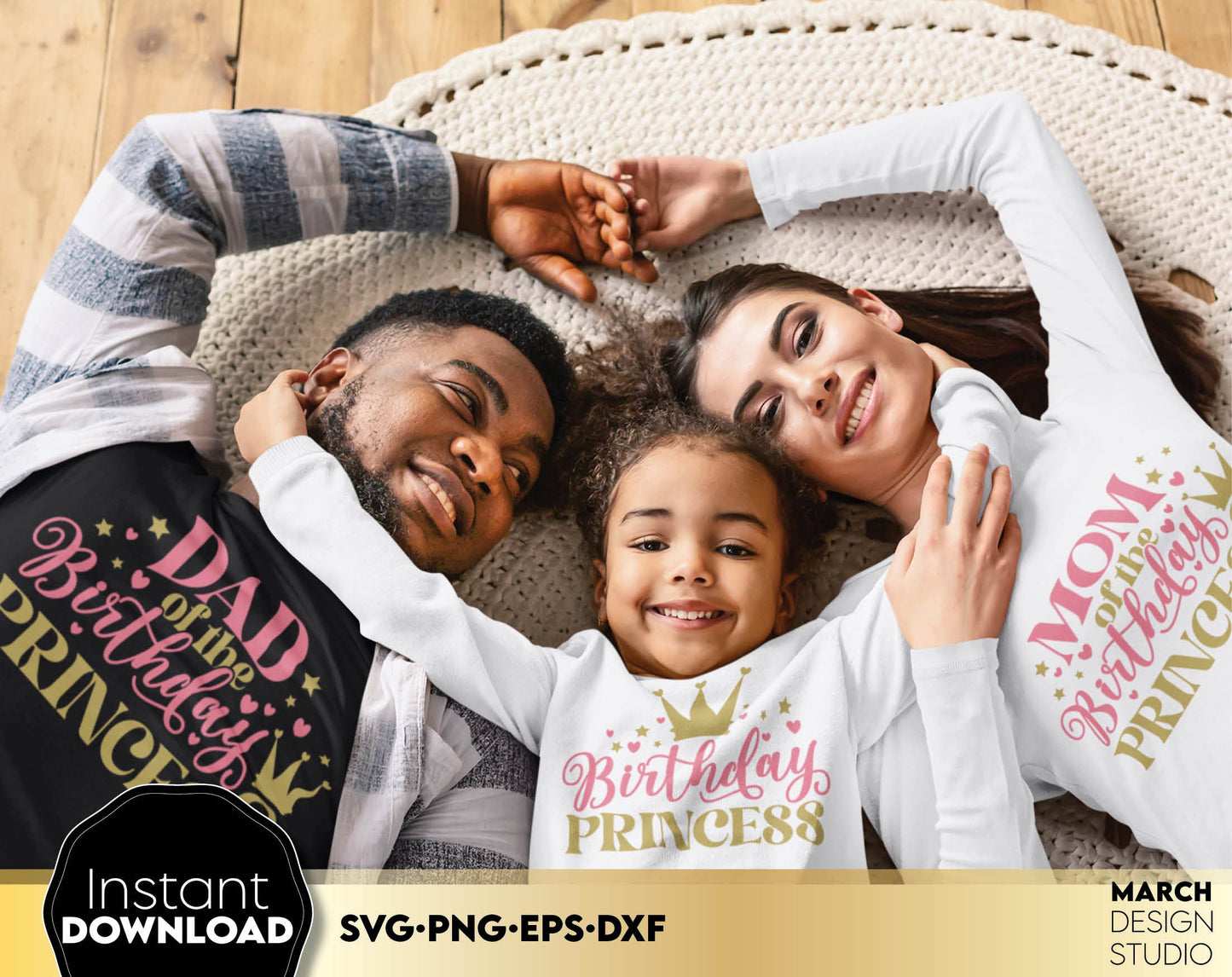 Birthday Princess birthday family bundle for birthday girl matching shirts. SVG PNG EPS DXF files included. Cut form vinyl, use for sublimation or laser cut projects. Compatible with Cricut, Silhouette or Glowforge equipment. Buy now and enjoy!