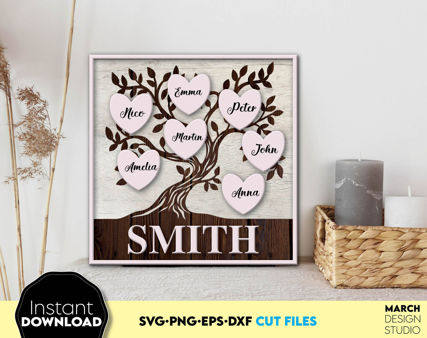 This family tree svg is a great design for decorating your home. It will make your home more colorful with this personalizable family tree. SVG PNG EPS DXF files included. Compatible with Cricut, Silhouette or other equipment. Buy now and enjoy!