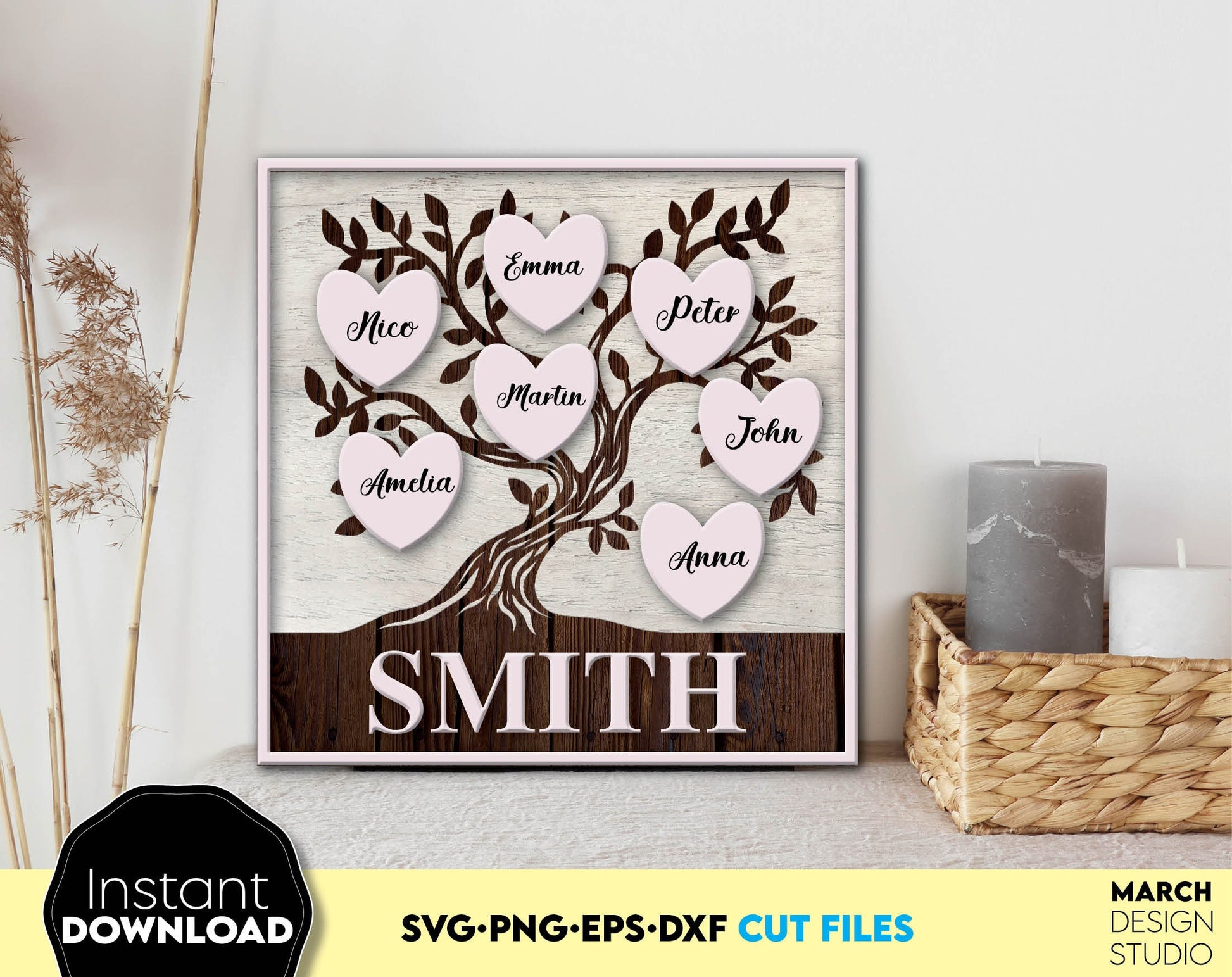 This family tree svg is a great design for decorating your home. It will make your home more colorful with this personalizable family tree. SVG PNG EPS DXF files included. Compatible with Cricut, Silhouette or other equipment. Buy now and enjoy!