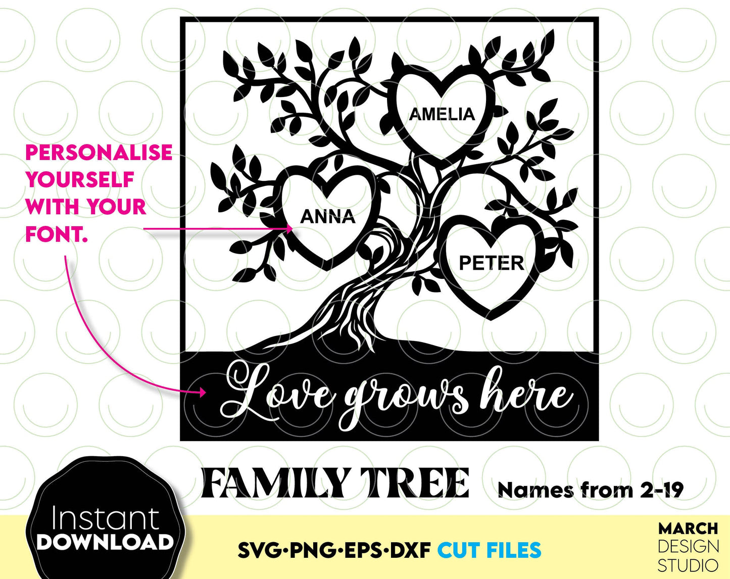 Family Reunion tree of life from 2 to 19 hearts for members names. SVG PNG EPS DXF files included. Compatible with Cricut, silhouette or other equipment. Cut from vinyl, use for sublimation or laser cut or grave projects. Buy now for a good price!