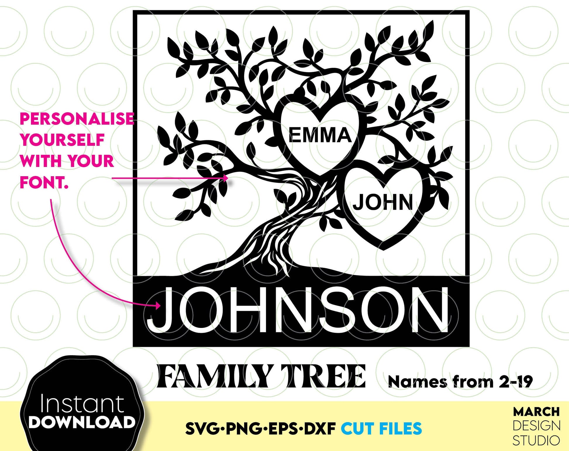 Family Reunion tree of life from 2 to 19 hearts for members names. SVG PNG EPS DXF files included. Compatible with Cricut, silhouette or other equipment. Cut from vinyl, use for sublimation or laser cut or grave projects. Buy now for a good price!