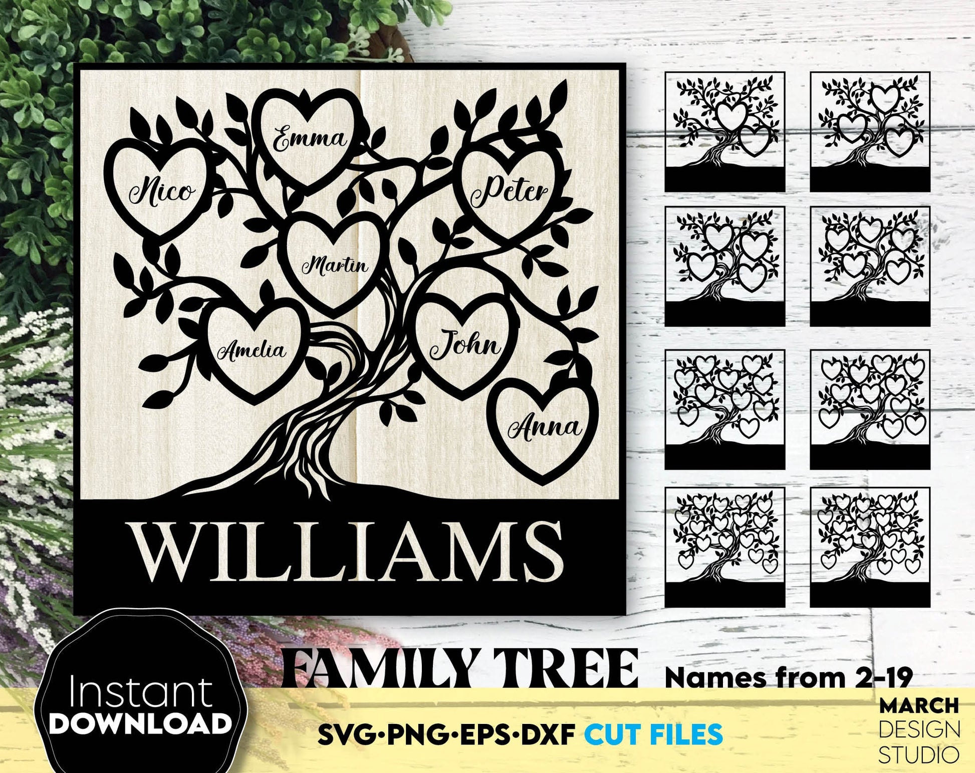 Family Reunion tree of life from 2 to 19 hearts for members names. SVG PNG EPS DXF files included. Compatible with Cricut, silhouette or other equipment. Cut from vinyl, use for sublimation or laser cut or grave projects. Buy now for a good price!