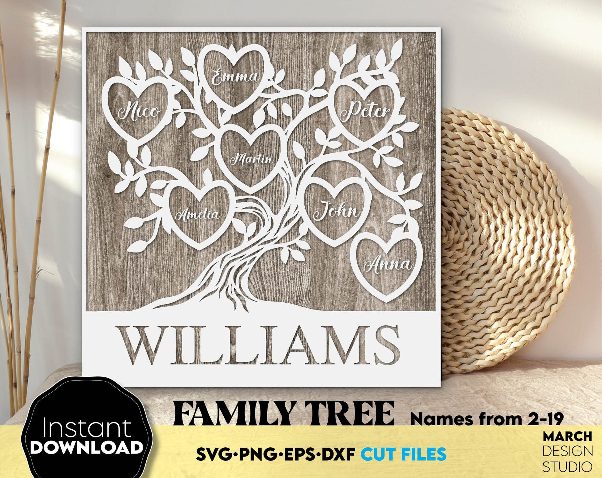 Family Reunion tree of life from 2 to 19 hearts for members names. SVG PNG EPS DXF files included. Compatible with Cricut, silhouette or other equipment. Cut from vinyl, use for sublimation or laser cut or grave projects. Buy now for a good price!