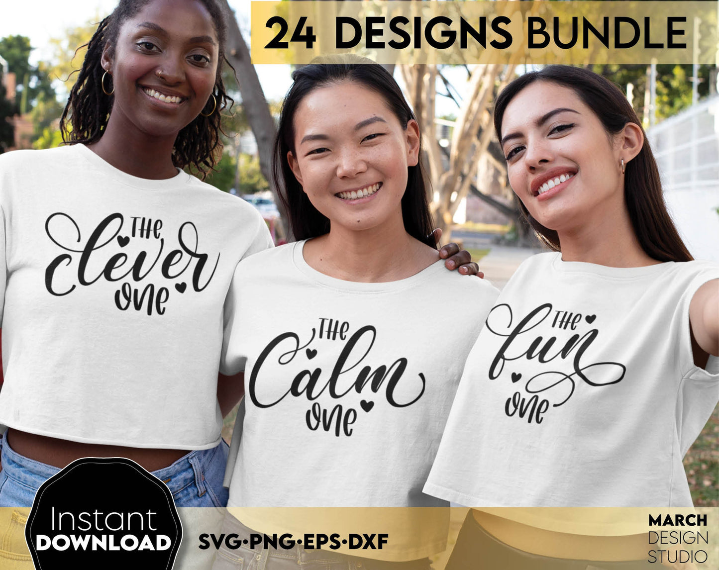 24 Friends Matching Shirts bundle for Your Best Friends Trips, Birthday party or other best friend events. Use for cutting form vinyl, sublimation or laser cut projects. SVG, PNG, DXF, EPS files included. Compatible with Cricut, Silhouette equipment.